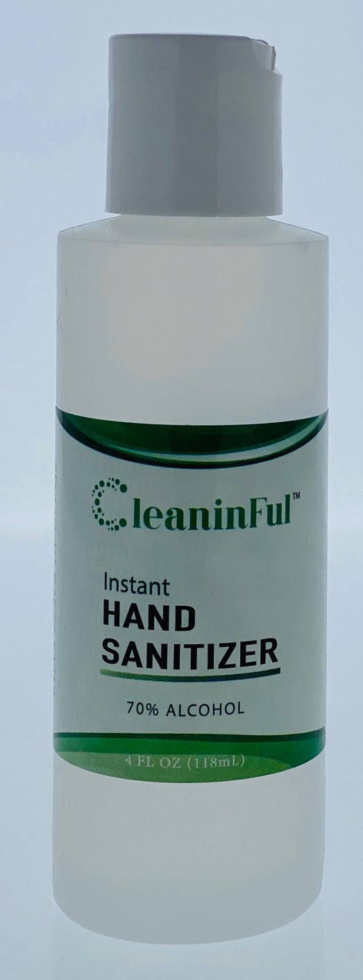 A 4 oz clear bottle of Cleaninful Hand Sanitizer Gel, Ethyl Alcohol 70% features a green and white design and a convenient flip-top cap for easy use in germ-fighting. Available in a 5-pack.