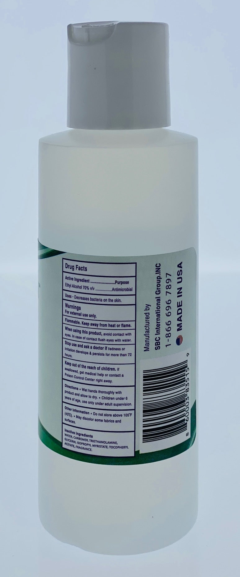 The 4 oz white bottle from Cleaninfuls 5-pack features a label with drug facts, usage instructions, and Ethyl Alcohol content (70%). It highlights its purpose as a hand sanitizer, includes warnings, notes its made in the USA, and has a white flip-top cap.