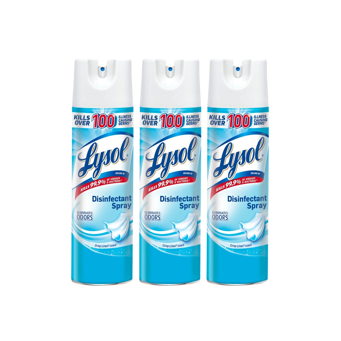 A 3-pack of Lysol® Disinfectant Spray 19oz- Crisp Linen® with blue and white labels touts kills over 100 illness-causing germs, eliminates odors, and sanitizes soft surfaces, eliminating 99.9% of viruses and bacteria.