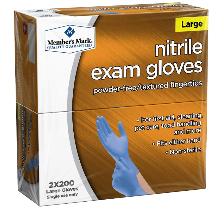 The image shows a box of Members Mark Quality Guaranteed Blue Nitrile Exam Gloves. These latex-free, powder-free gloves have textured fingertips, are ambidextrous, and come non-sterile in 2 packs of 200 each.