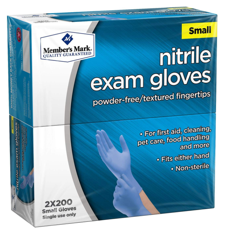 The blue box of Members Mark nitrile gloves, latex-free and powder-free with textured fingertips, is ideal for first aid, cleaning, pet care, and food handling. These non-sterile gloves fit either hand. Each box contains 2 packs of 200 gloves (400 total).