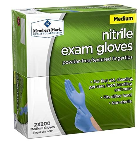 A box of Members Mark 400 Nitrile Exam Gloves, blue and latex-free with a powder-free design and textured fingertips, includes two packs of 200 gloves each. Ideal for first aid and food handling, its presented in a green box with images.
