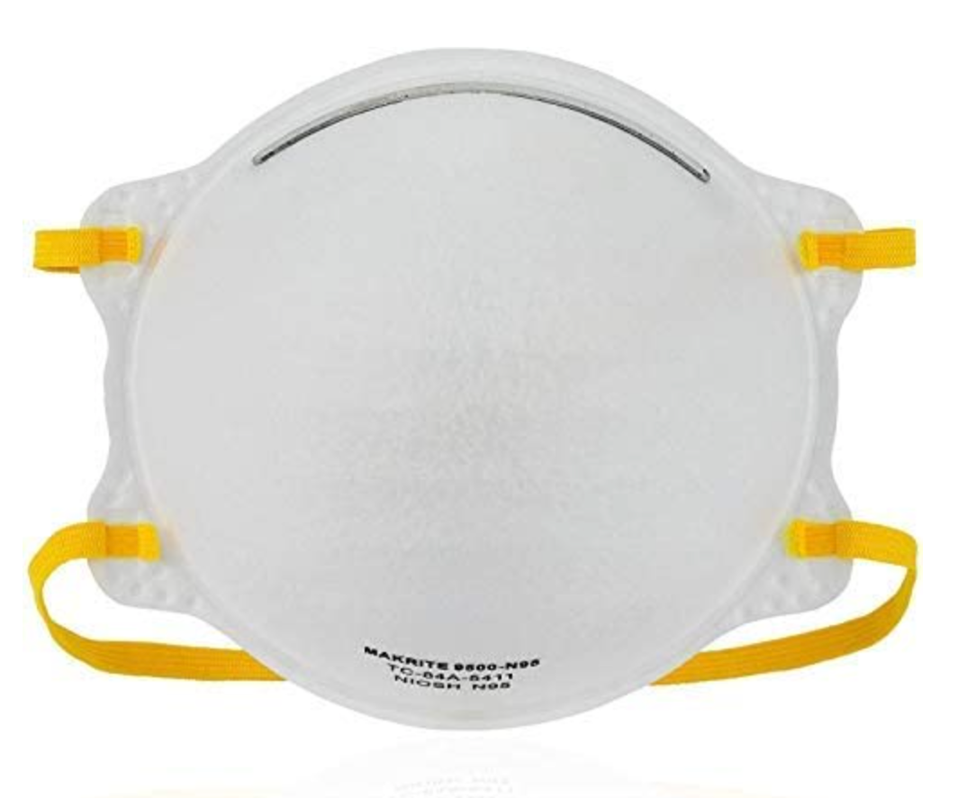 The FDA/CDC approved Makrite N95 NIOSH certified respirator mask features a white circular design with a metal strip, yellow elastic straps for secure fit, and printed text near the bottom edge, ensuring high filtration efficiency. Available in M/L size (20-pack).