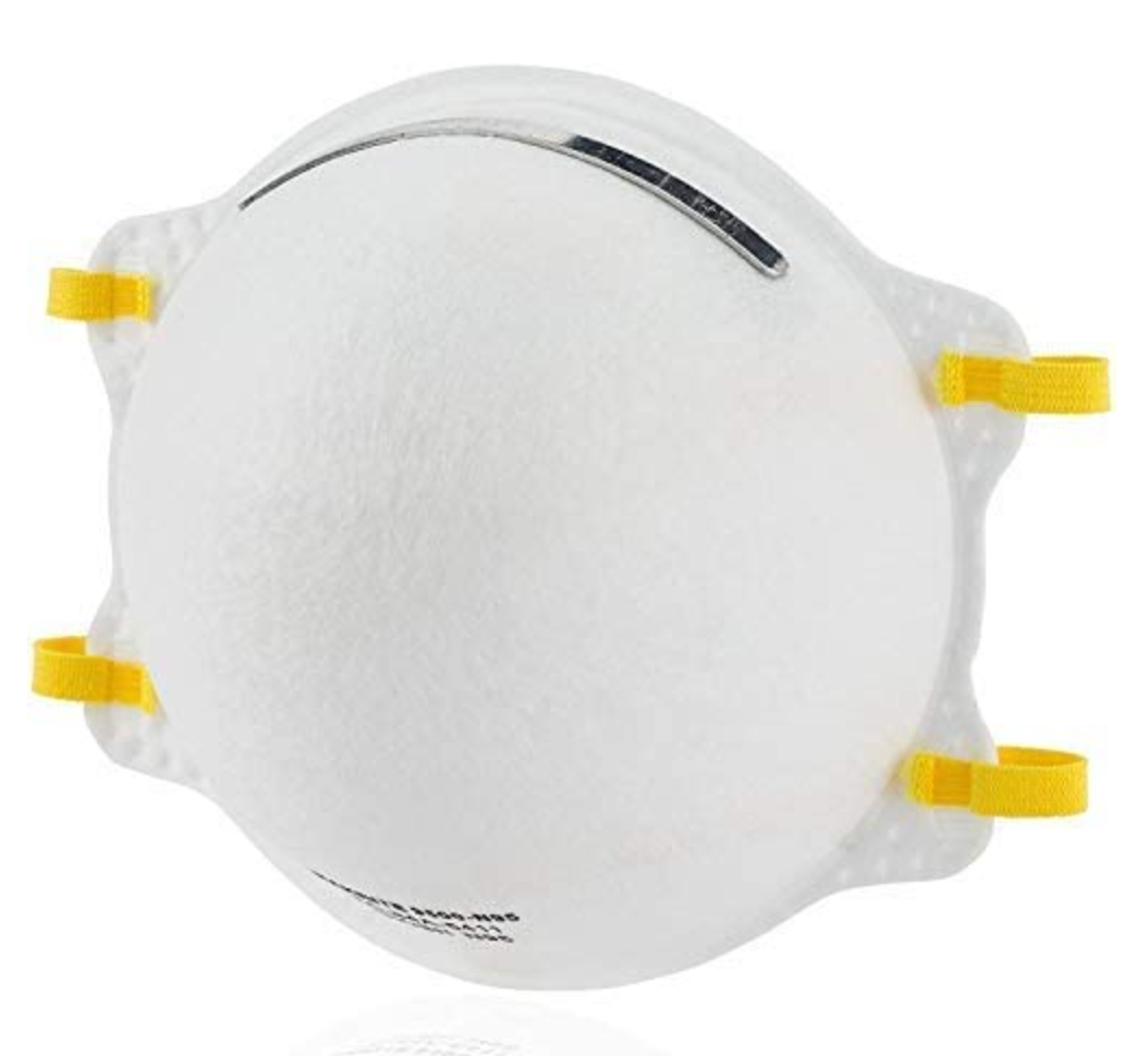 The Makrite FDA/CDC approved N95 NIOSH certified respirator mask, in a white curved design with a metal nose strip and two yellow elastic head bands, ensures high filtration. Available in M/L size, 20 per pack.