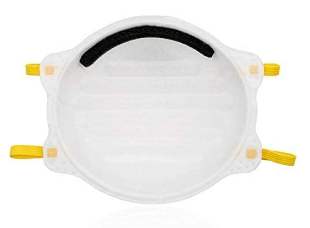 A white, rounded Makrite N95 particulate respirator mask, size M/L, is shown. FDA/CDC approved and NIOSH certified for protection, it includes a comfortable black foam strip and four yellow elastic straps for securing over the mouth and nose. Available as a 20-pack.