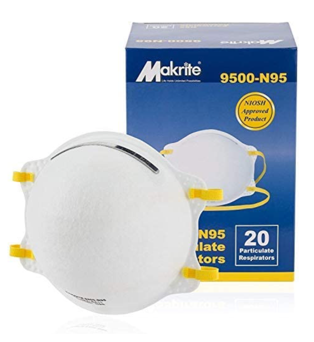 A Makrite N95 Particulate Respirator Mask sits before its blue and yellow 20-pack box. The FDA/CDC-approved, NIOSH-certified mask in M/L size features a white body with yellow straps, ensuring high filtration efficiency.