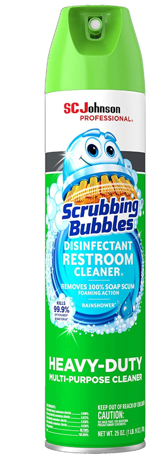 The SC Johnson Professional SCRUBBING BUBBLES Disinfectant Aerosol (25 Fl Oz, 6-Pack) features a green/white design with a cartoon bubble character. It removes soap scum, disinfects germs, offers heavy-duty cleaning, and has a refreshing rainshower scent.