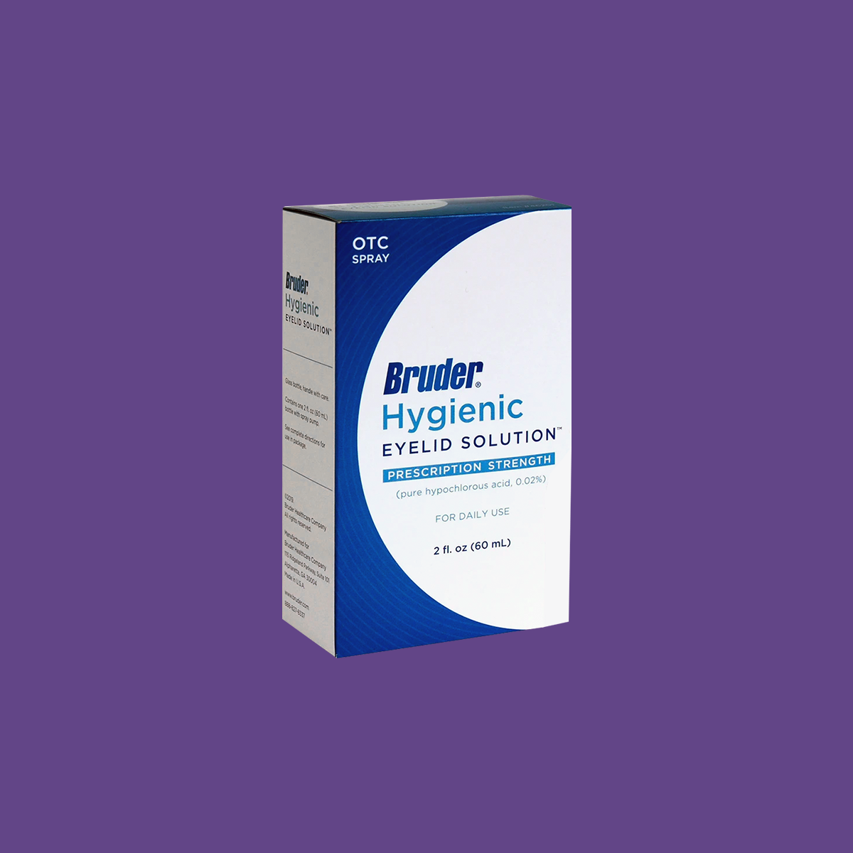 Bruders OTC Hygienic Eyelid Solution in a 2 fl. oz. (60 mL) bottle, featuring prescription strength hypochlorous acid (0.02%), is designed for daily use against dry eyes and comes in packaging with a purple background, offering a 2-month supply.