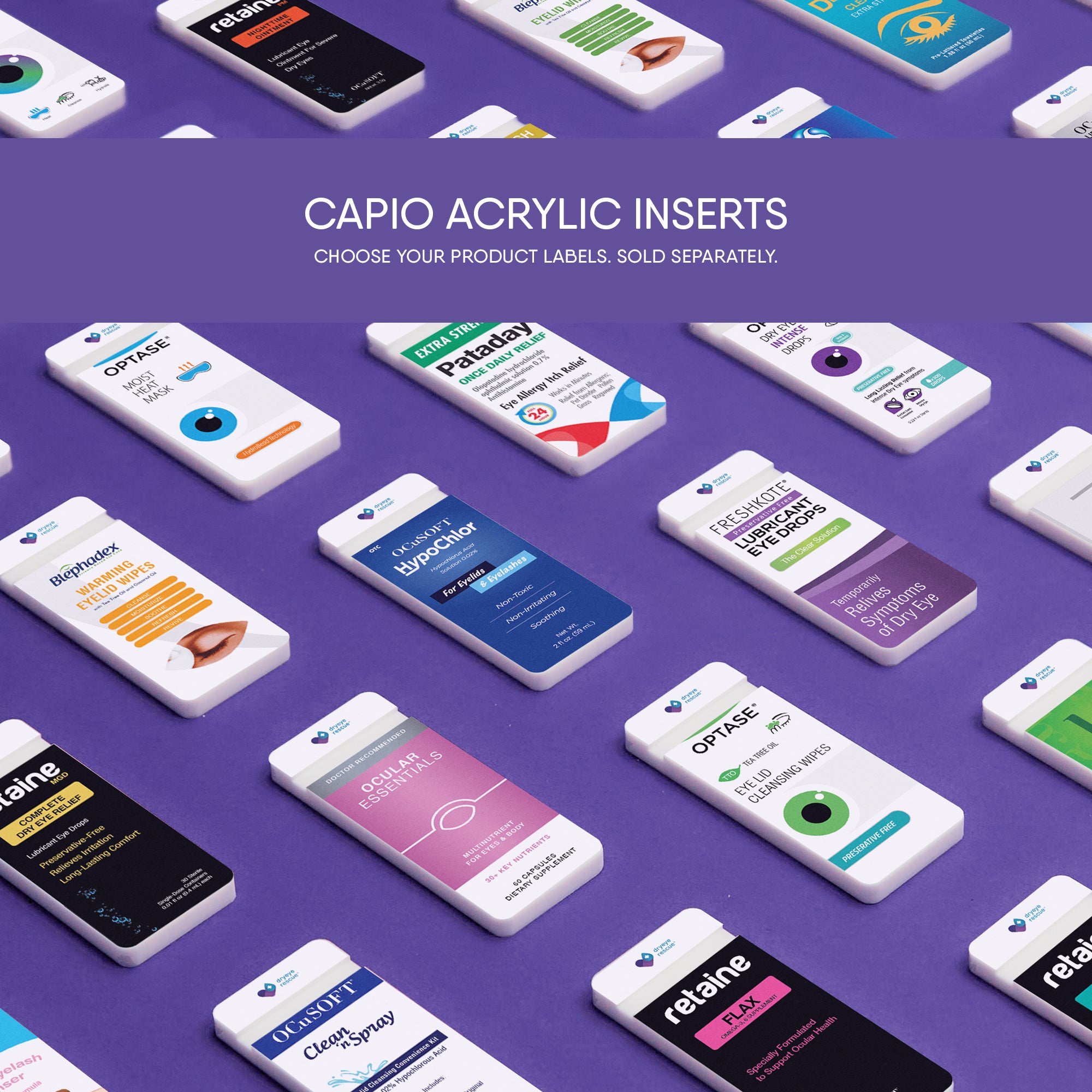 A display featuring DryEye Rescues PKG: Capio™ System acrylic inserts, set against a purple background, highlights eye care products. Each insert showcases unique designs with eye images and detailed text.