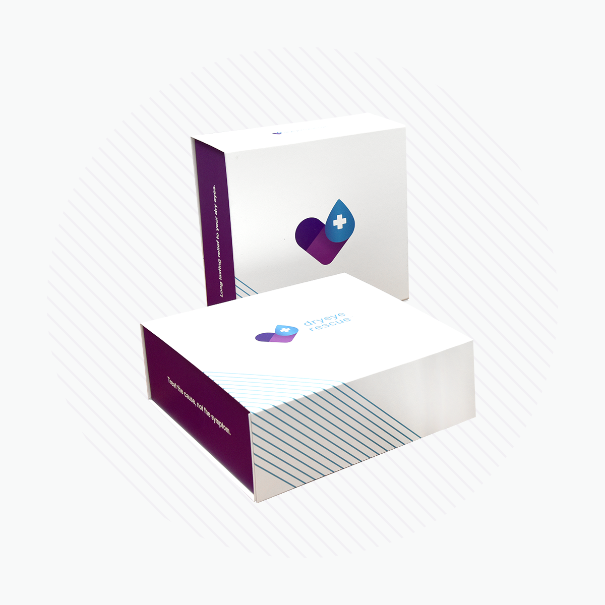 Two sleek white DryEye Rescue product boxes with purple sides feature a heart and cross logo. The top box is closed and tilted diagonally, while the bottom showcases striped lines against a faintly lined background.