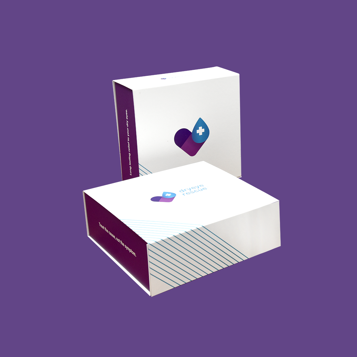The DryEye Rescue Product Boxes by DryEye Rescue feature two white boxes with a purple and blue heart design with a medical cross. One stands upright while the other lies flat, adorned with side diagonal lines against a solid purple background, enhancing the sleek packaging appeal.