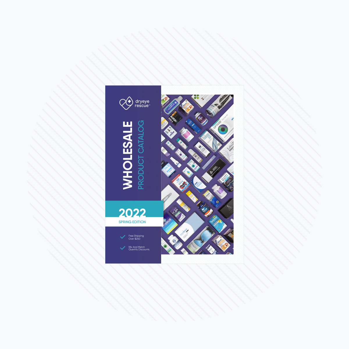 The 2022 Dryeye Rescue Wholesale Catalog digital cover features a purple sidebar with the DryEye Rescue logo and text, along with a pattern of assorted product images. This marketing piece is elegantly titled Spring Edition.