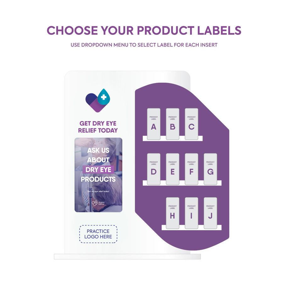 A purple display illustrating product labels from A to I for the Capio™ System by DryEye Rescue. Text reads, Get dry eye relief today. Ask us about dry eye products. It includes nine labeled boxes and a placeholder for Practice Logo Here.