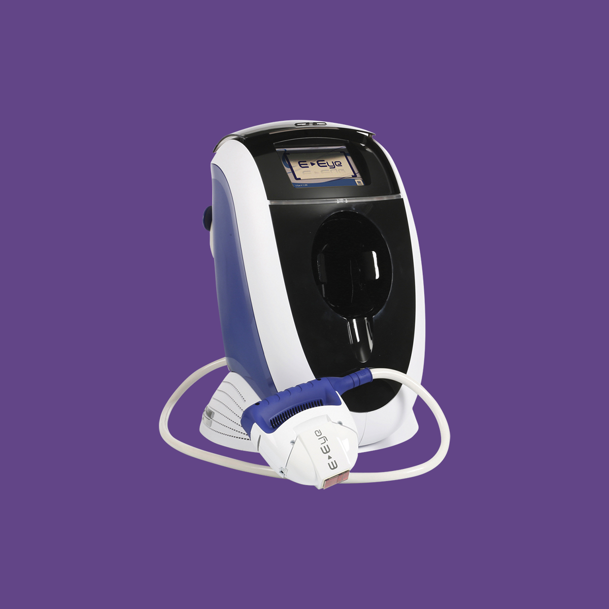 The E>EYE IRPL® TECHNOLOGY device from E-Swin USA, in white and blue with a digital display and handheld attachment, rests on a purple background. Its perfect for Rosacea Treatment or Meibomian Gland Dysfunction relief.