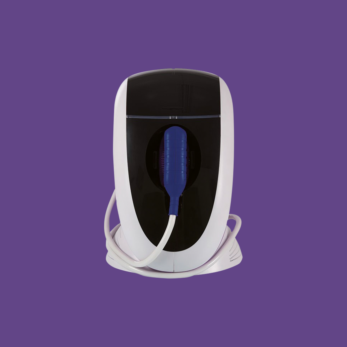 A white and black handheld device with a curved design and coiled cord, set against a purple background, showcases its blue attachment. Featuring E>EYE IRPL® Technology from E-Swin USA, its ideal for rosacea treatment or skin care enhancements.