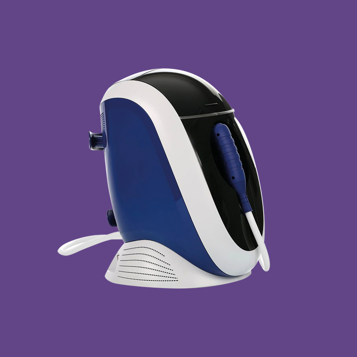 The E>EYE handheld vacuum cleaner from E-Swin USA features IRPL® Technology. This modern, egg-shaped device comes in dark blue, white, and black with a prominent handle and neatly coiled cord. It’s showcased against a plain purple background.
