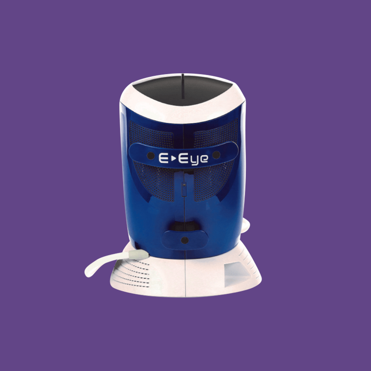 A futuristic tabletop device by E-Swin USA, in blue and white with a curved design, featuring IRPL® Technology. It has a central black slot with E-Eye on the front, perfect for Meibomian Gland Dysfunction, set against a solid purple background.