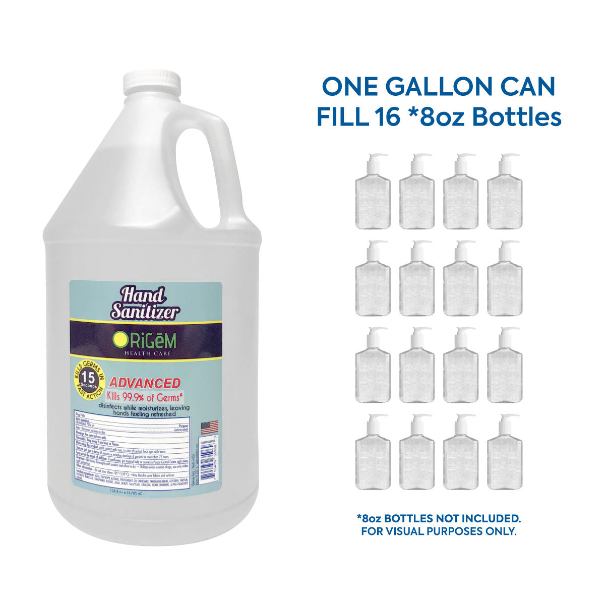 On the left, an image shows a one-gallon jug of FDA-approved 70% Ethyl Alcohol Gel Hand Sanitizer by Origem that kills 99% of germs. On the right, text states ONE GALLON CAN FILL 16 *8oz Bottles, with bottle outlines. *8oz BOTTLES NOT INCLUDED. Made in USA.