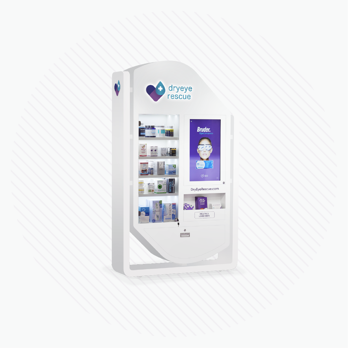 The DryEye Rescue vending machine, featuring a sleek white design and heart logo, presents eye care products on its PKG: Hybrid Standing Floor Display. A digital TV screen showcases an eye mask image alongside engaging product information from Dry Eye Content.