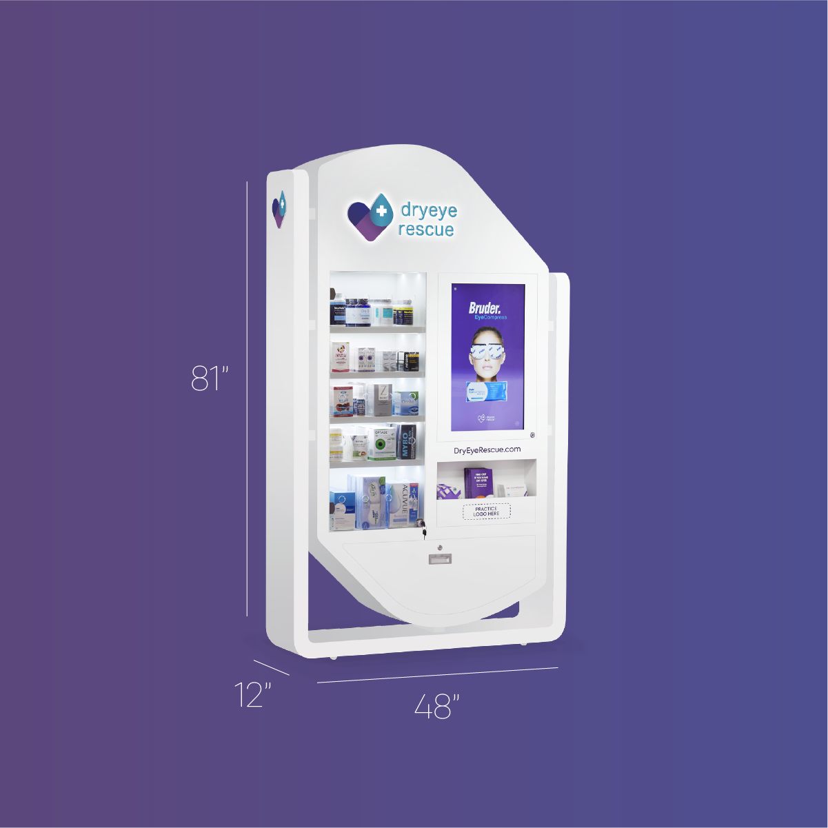 A sleek white DryEye Rescue Hybrid Standing Floor Display sits on a vibrant purple background, standing 81 tall, 48 wide, and 12 deep. It showcases various products with a digital TV screen displaying Bruder brand details and the website DryEyeStore.com.