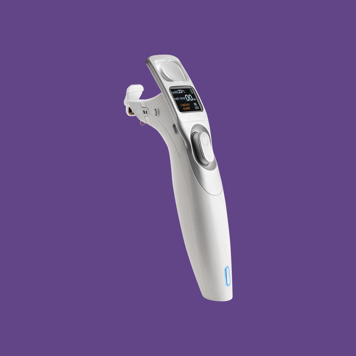 The Alcon iLux® MGD Treatment Device is a stylish, white unit with a digital screen and buttons on a purple backdrop. It includes an ergonomic handle with a blue light indicator, designed for evaporative dry eye sufferers.
