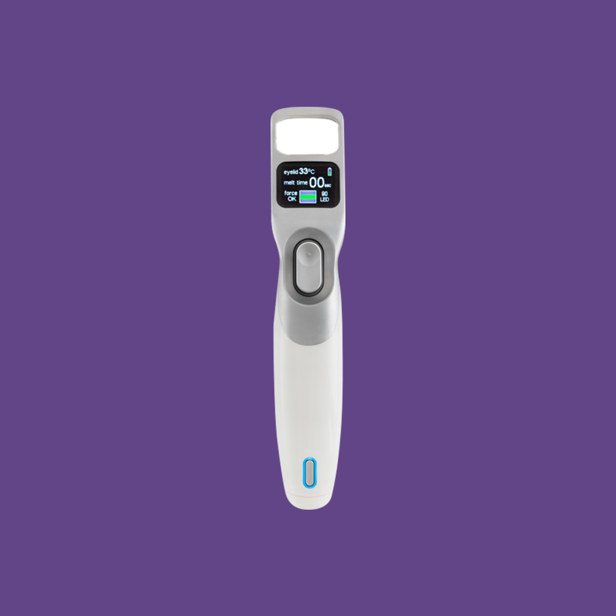 A digital forehead thermometer with a white body and gray button is shown against a purple background, resembling the Alcon iLux® MGD Treatment Device used for advanced medical treatments. The screen displays a temperature reading.