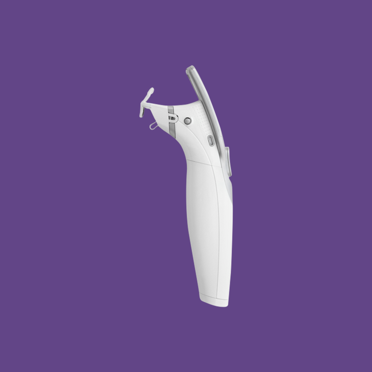 A side view of the handheld white iLux® MGD Treatment Device by Alcon on a purple background showcases its sleek design with buttons, a trigger-like switch, metallic tip, and small hook—an innovative tool for treating Meibomian Gland Dysfunction and evaporative dry eye.