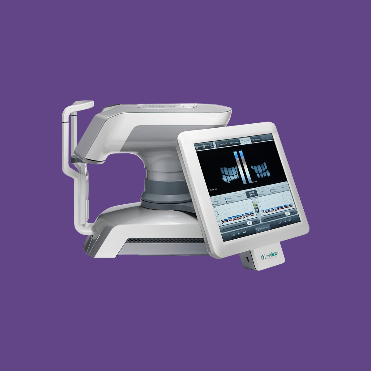 The LipiView® II Ocular Surface Interferometer by Johnson and Johnson, shown on a purple background, boasts a sleek modern design with a large touchscreen displaying meibomian gland imaging and lipid layer thickness, plus multiple operational buttons and controls.