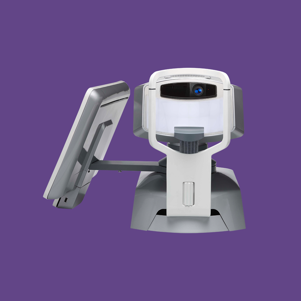 A futuristic robot with a large screen, showcasing the LipiView® II Ocular Surface Interferometer by Johnson and Johnson, sits against a purple background. Its prominent front sensor enhances its high-tech look.