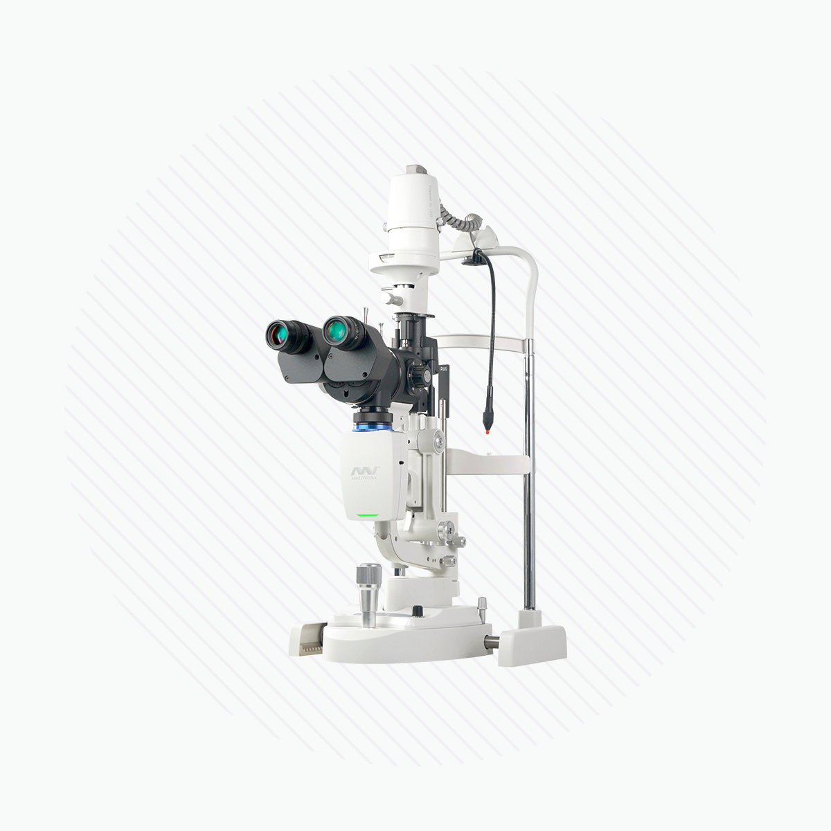 The Mediworks Dry Eye Slit Lamp Diagnostic System, a state-of-the-art white and black binocular microscope by Mediworks, boasts a sturdy base and adjustable arm. Its set against a subtly textured light background with diagonal lines that enhance its sophisticated look.