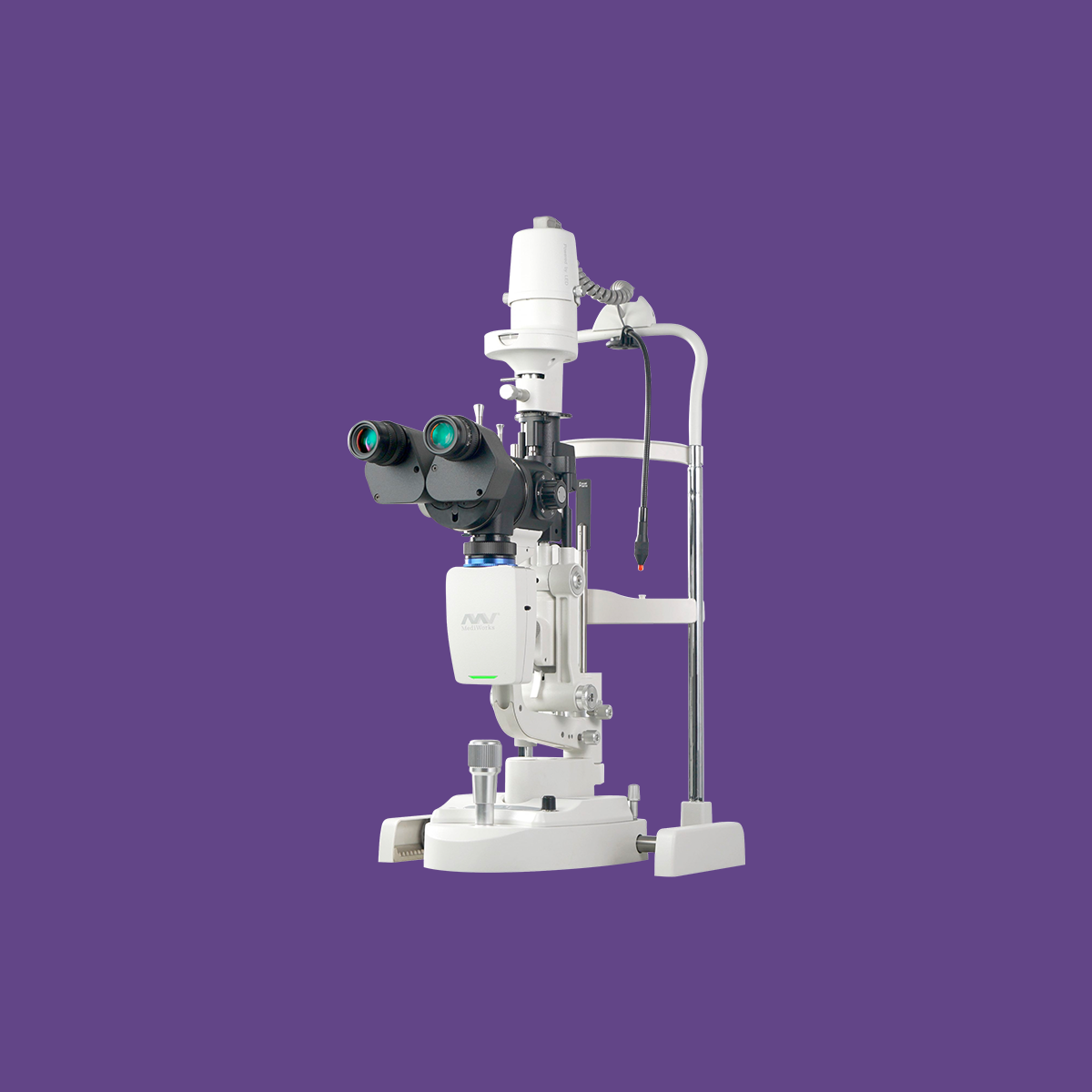 The Mediworks Dry Eye Slit Lamp Diagnostic System, by Mediworks, is a white microscope with binocular eyepieces and adjustment knobs set against a solid purple background. It features an AI Analysis system for precise diagnosis of conditions like Dry Eye Disease, making it essential in ophthalmology.