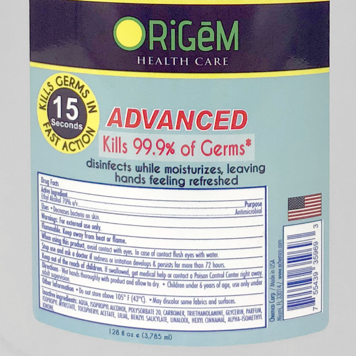 The Origem 70% Ethyl Alcohol Gel Hand Sanitizer, made in the USA, kills 99.9% of germs in 15 seconds. It disinfects and moisturizes with its FDA-approved formula, leaving hands refreshed. Instructions and ingredients are provided on the label.