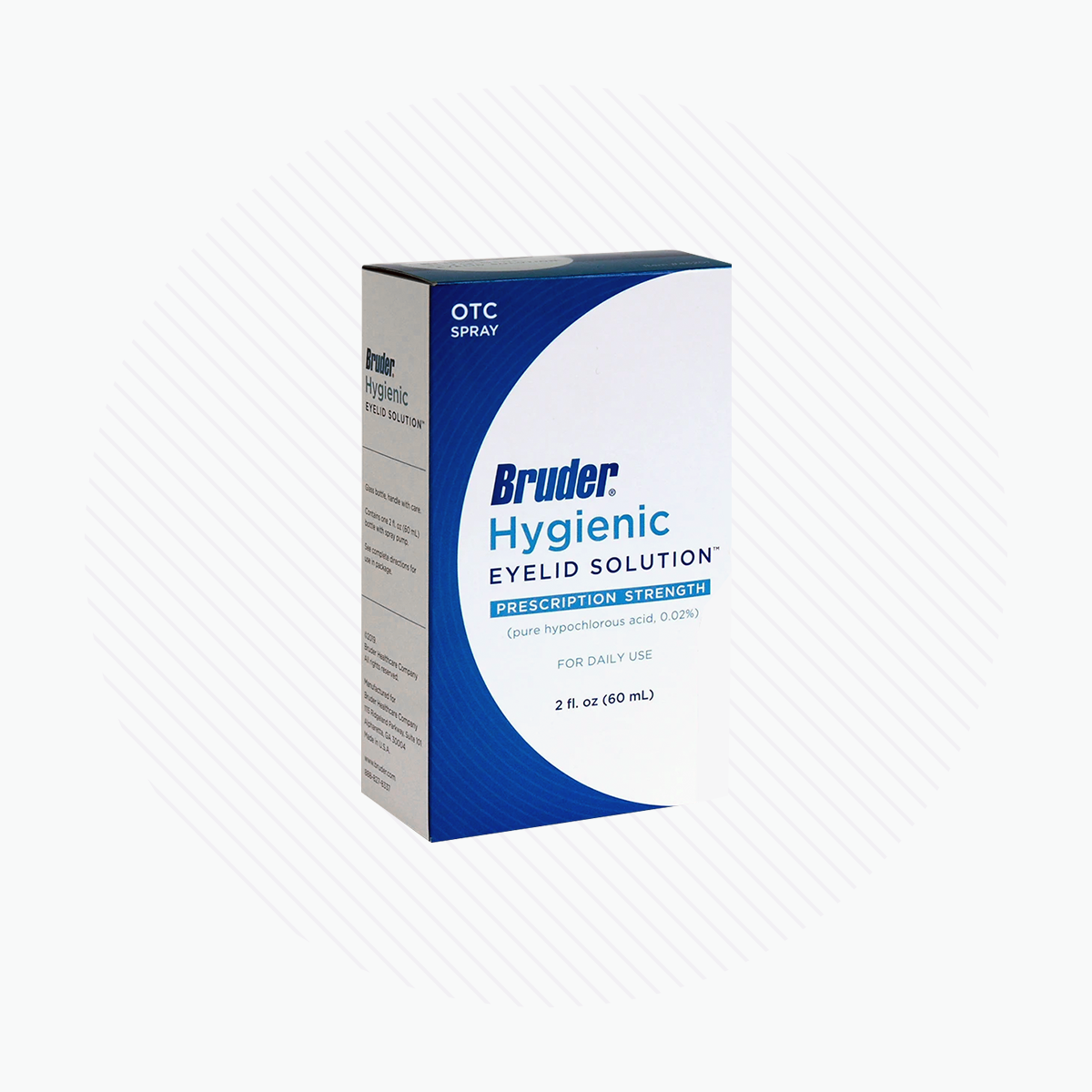 A white and blue box displays the Bruder Hygienic Eyelid Solution, a 2 fl. oz (60 mL) OTC spray with 0.02% pure hypochlorous acid for daily prescription-strength dry eye relief.