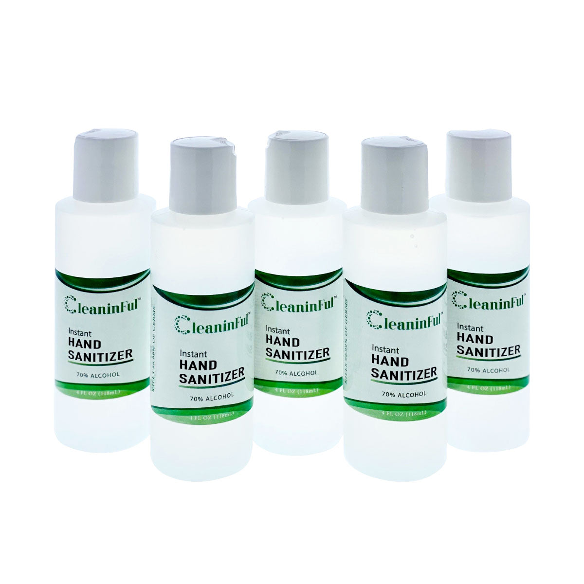 Five bottles from the Cleaninful 5-Pack of 4 oz Hand Sanitizer GEL, each labeled 70% Ethyl Alcohol, are neatly lined up on a white background.