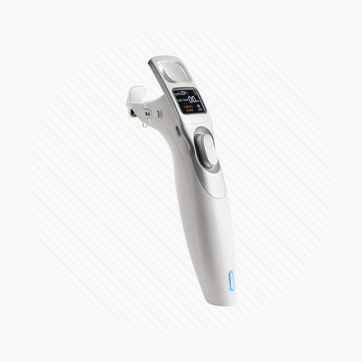 The Alcon iLux® MGD Treatment Device is an electronic beauty tool in a sleek, white design with a curved head and small digital display, ideal for Meibomian Gland Dysfunction. It features a button on the handle against a diagonal stripe-patterned white background.