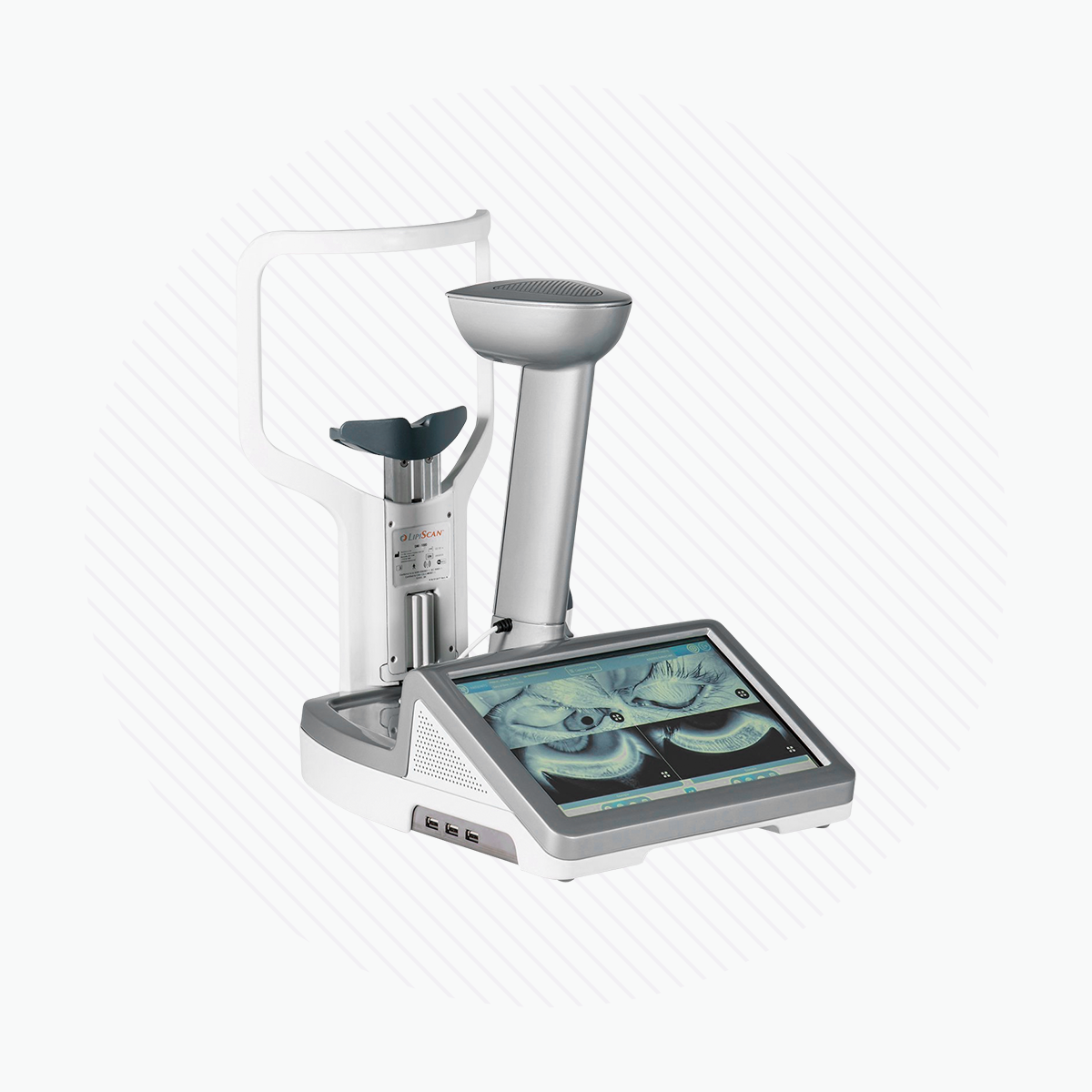 A close-up of the LipiScan® Dynamic Meibomian Imager from Johnson and Johnson, showcasing a large touchscreen with high-resolution anatomical images. The device features components like a vertical handheld scanner and side control buttons.