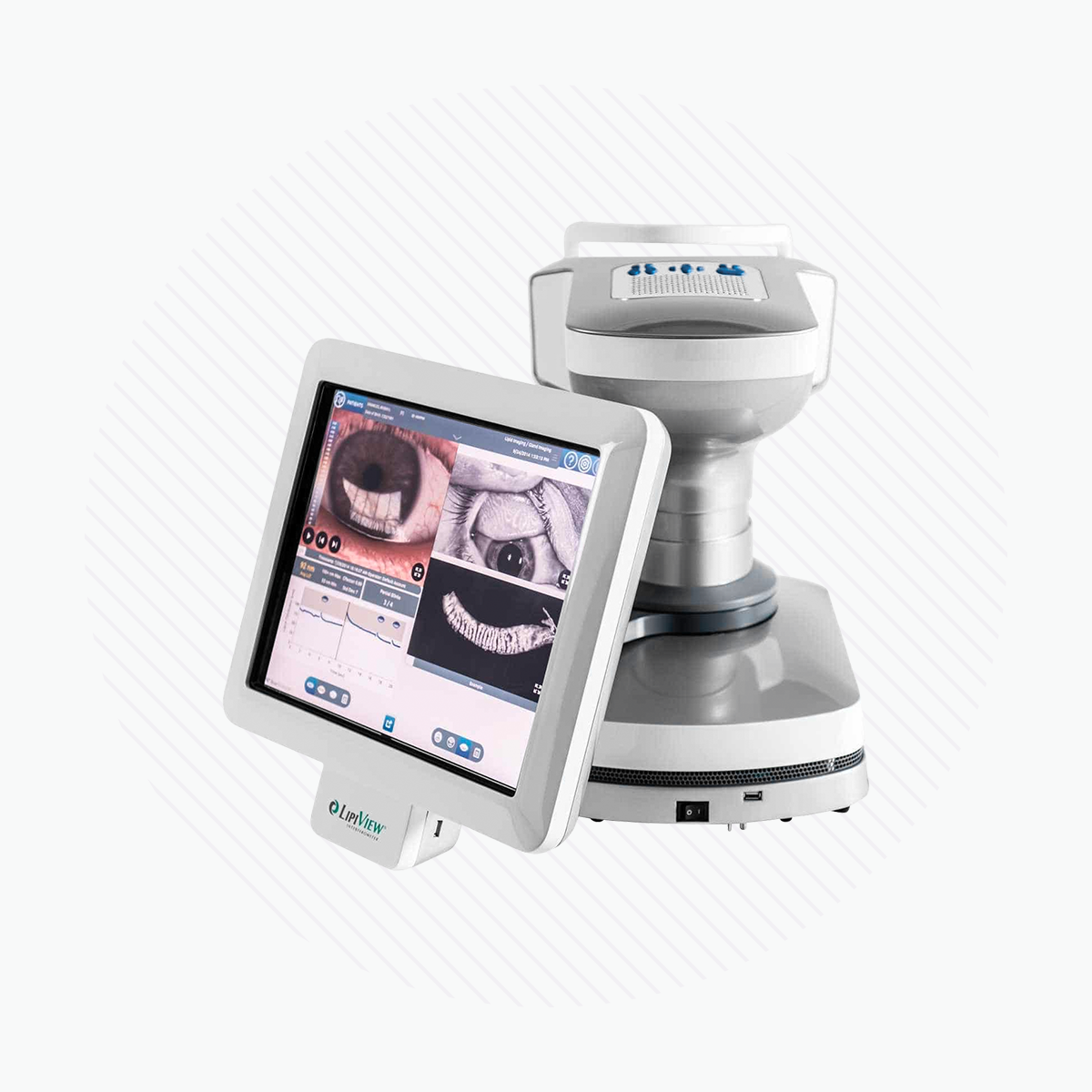 The LipiView® II Ocular Surface Interferometer by Johnson and Johnson is a medical diagnostic device featuring a digital screen for close-up eye images, lipid layer thickness, and analytics. Its sleek base includes control buttons and integrates meibomian gland imaging for comprehensive ocular assessment.