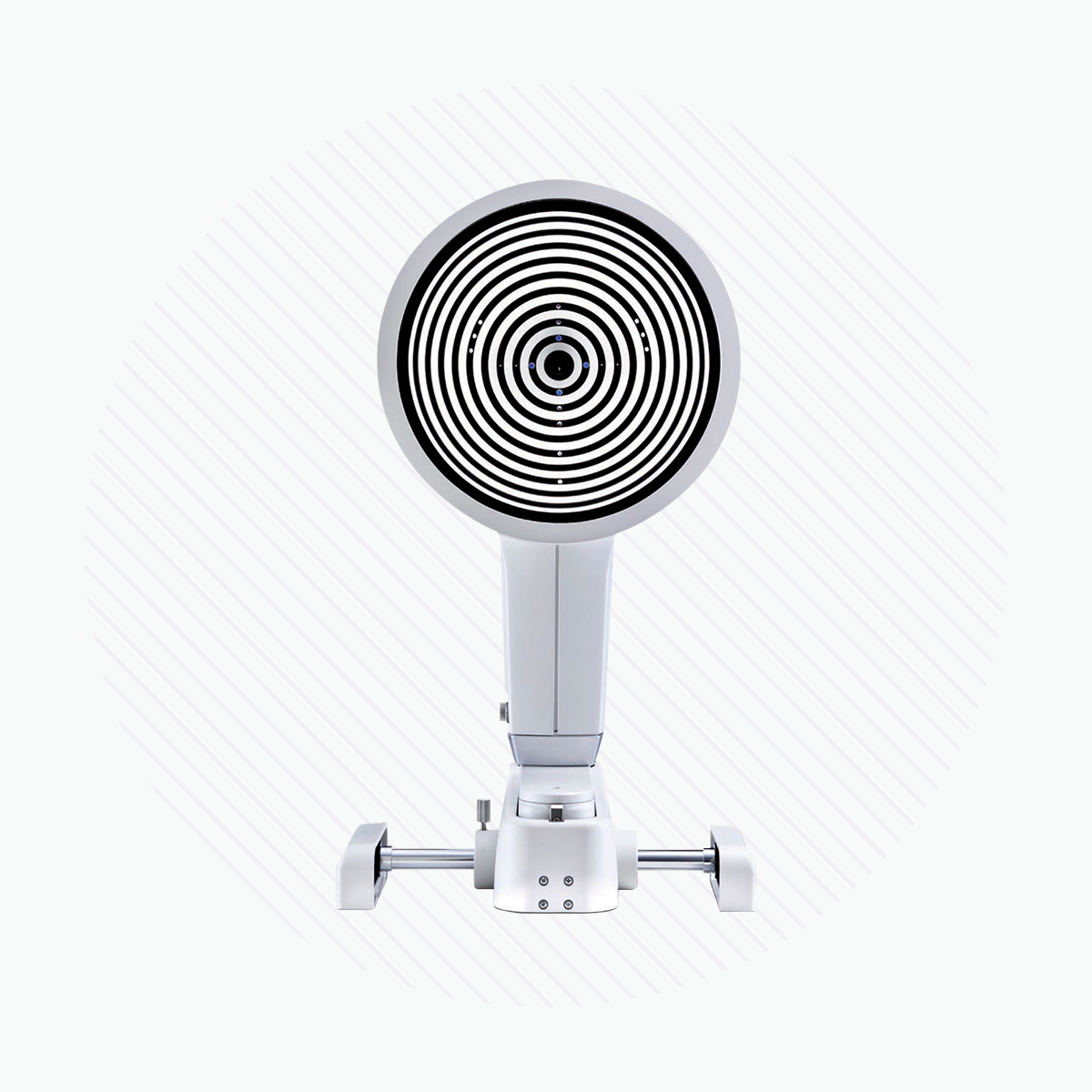 The OCULUS Keratograph® 5M by Oculus is a sleek, white device with a round front and linear stand, resembling a high-tech fan or camera. Its designed for precise exams like meibomian gland inspection or corneal topography and sits elegantly against a white background with faint diagonal lines.