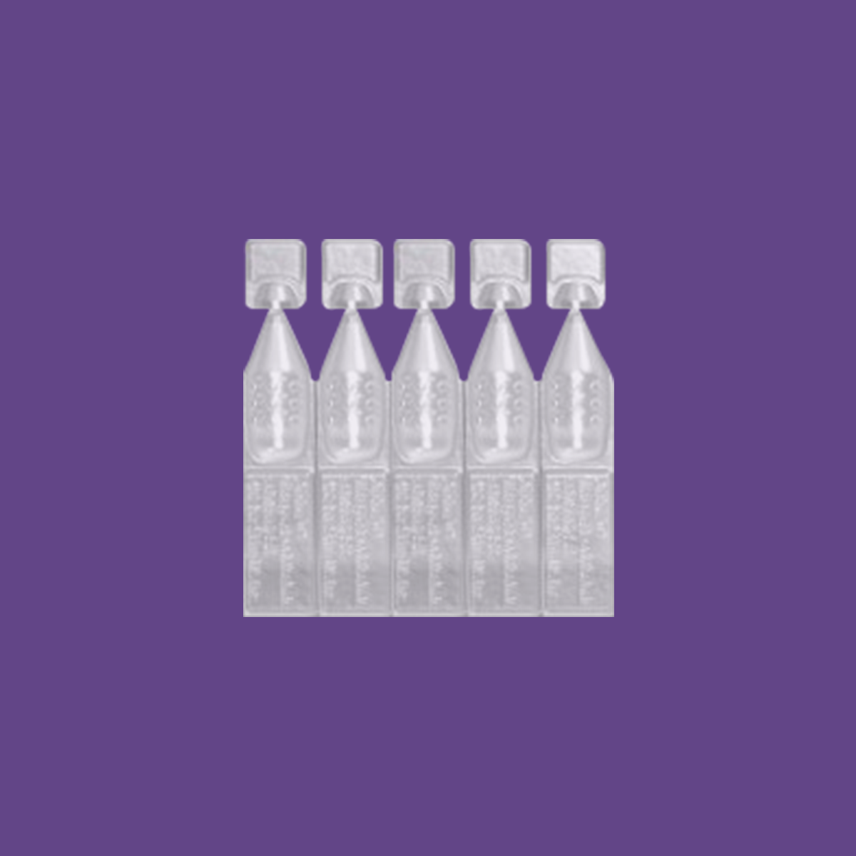 Five transparent plastic ampoules with flat caps, each containing a clear liquid, are lined up on a purple background, resembling Xiidra® (lifitegrast ophthalmic solution) 5% by Novartis used to treat dry eye disease.