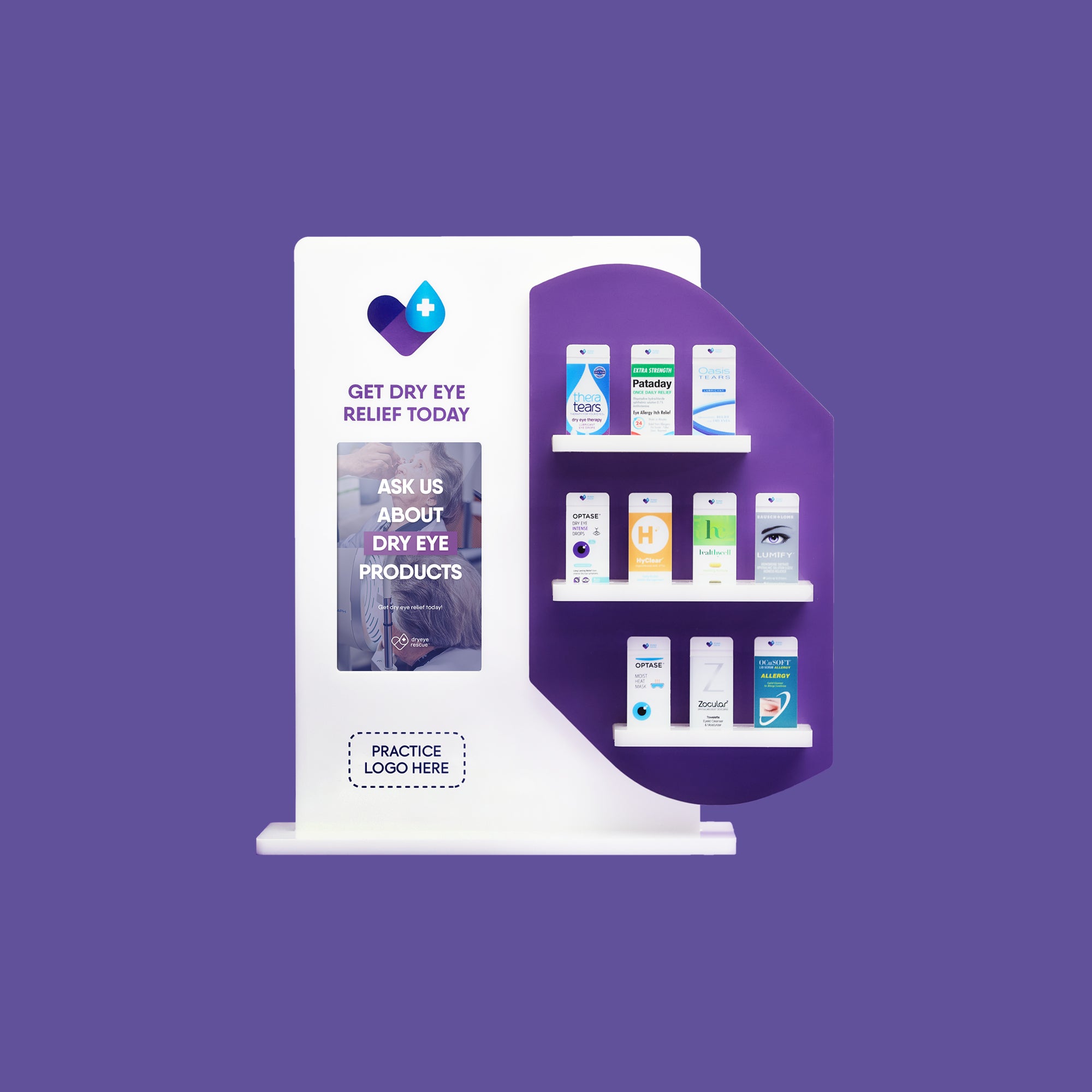 Display stand against a purple background showcasing various dry eye relief products, featuring Capio™ System Display Acrylic Inserts by DryEye Rescue. Text includes Get Dry Eye Relief Today and Ask Us About Dry Eye Products, with space for a practice logo.