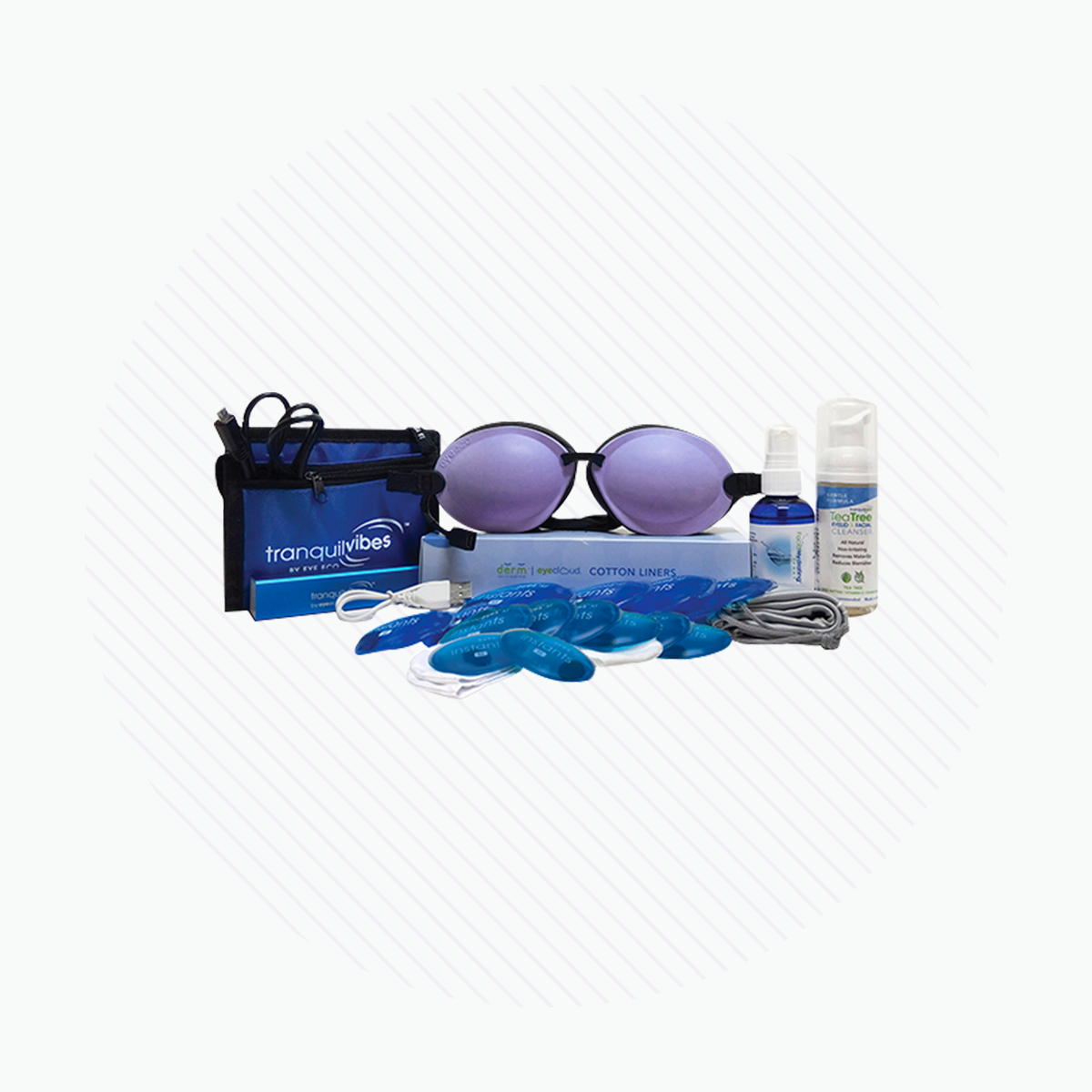 Discover the TRANQUILVIBES™ pack by EyeEco, featuring 1000+ gel uses for moist heat treatments. Includes a neck pillow, eye mask, earplugs, cotton swabs, sanitizer spray, adjustable strap, small bottle, and pouch. Ideal for travel with beautifully arranged items on a white background.