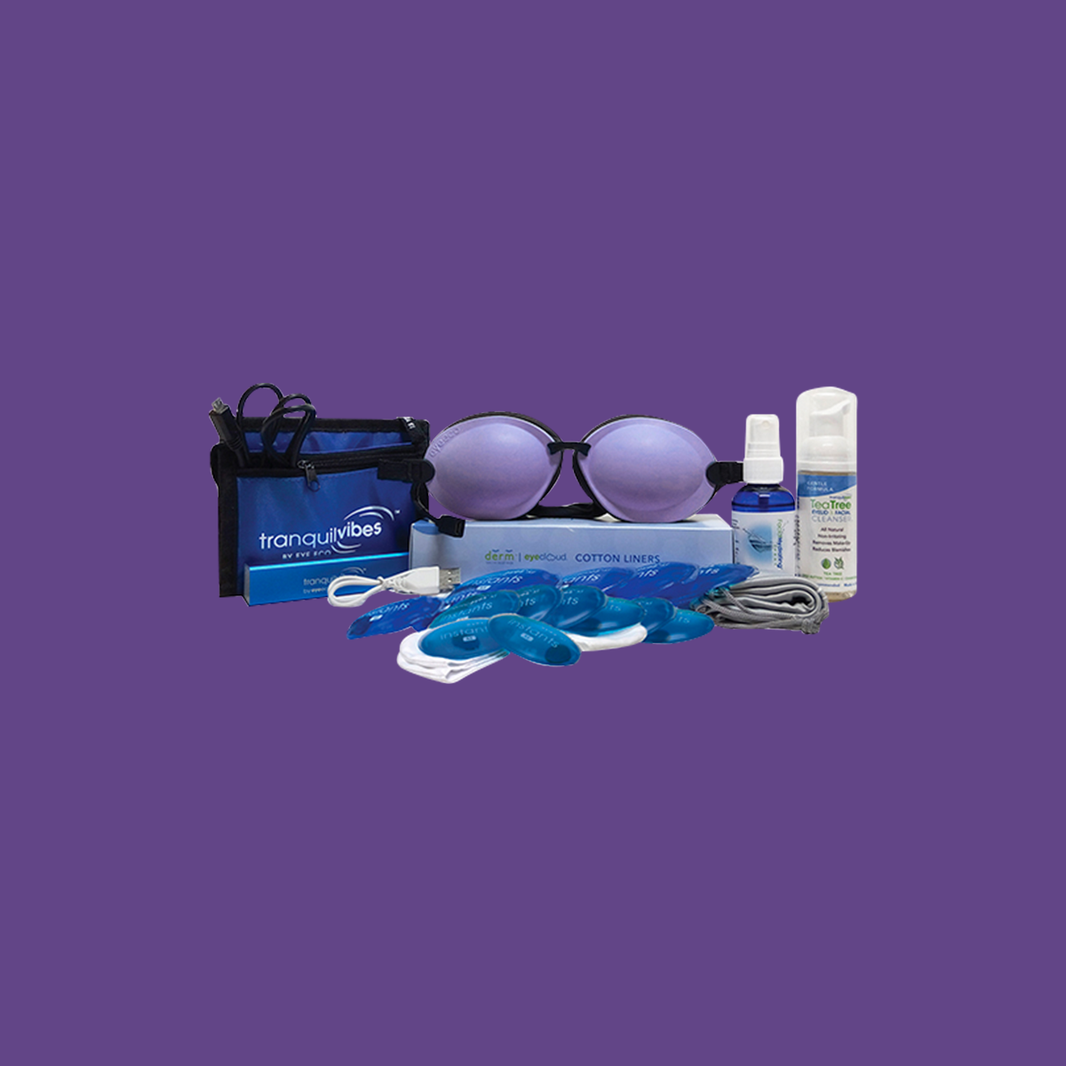 The EyeEco TRANQUILVIBES™ with INSTANTS XL features 1000+ gel pack uses for moist heat therapy, a sleek purple background, tinted glasses, a small blue case with tranquilvibes text, earplugs, and a sleep mask. A soothing spray and bottle complete this dry eye relief set.