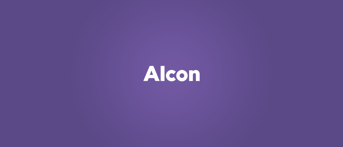 Text Alcon in bold white letters centered on a purple background.