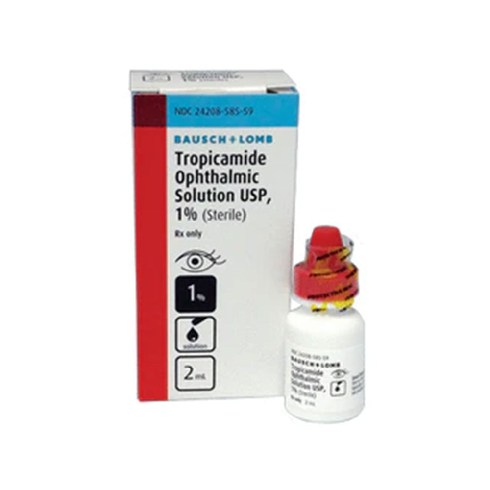 Image of a 15mL bottle of Tropicamide 1% Ophthalmic Solution by MedPharma USA, designed for pupil dilation and cycloplegia. The packaging features red and blue details with an eye graphic, while the bottle has a red and yellow striped tamper-evident seal.