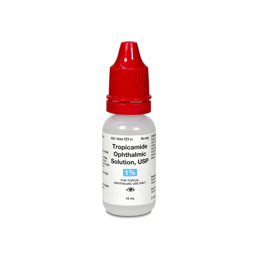 A 15 mL white bottle of Tropicamide Ophthalmic Solution, USP 1%, a renowned mydriatic agent from MedPharma USA, features a red cap and is designed for topical ophthalmic use.