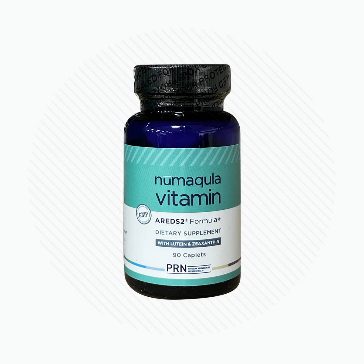 A bottle of PRN nūmaqula Vitamin, an AREDS2-based supplement by Physician Recommended Nutriceuticals, contains 90 caplets for macular support. The label showcases lutein and zeaxanthin with a blue and teal design.