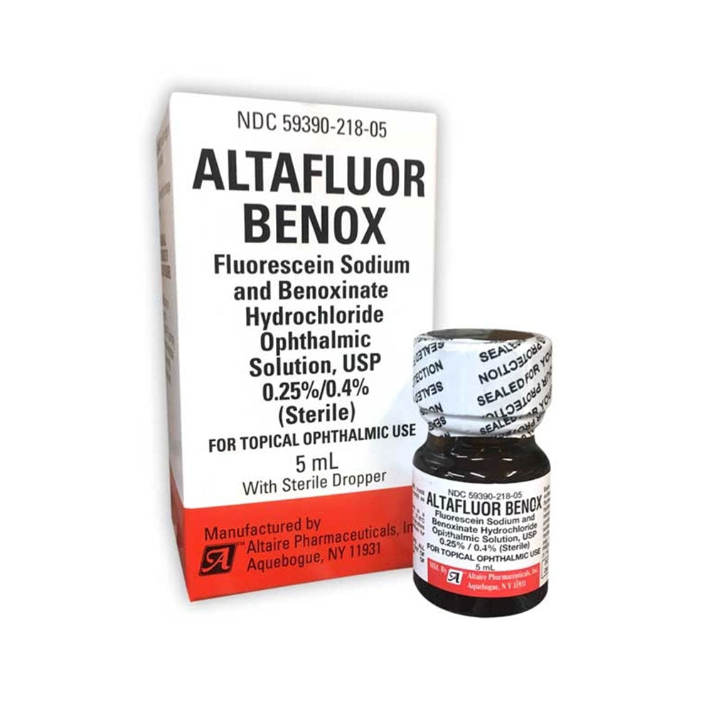 Image of a 5mL bottle and box of Altafluor Benoxinate by MedPharma USA, a sterile ophthalmic solution with Fluorescein Sodium and Benoxinate Hydrochloride (0.25%/0.4%) for eye use; packaging is mainly white with red accents. Cold shipping included.