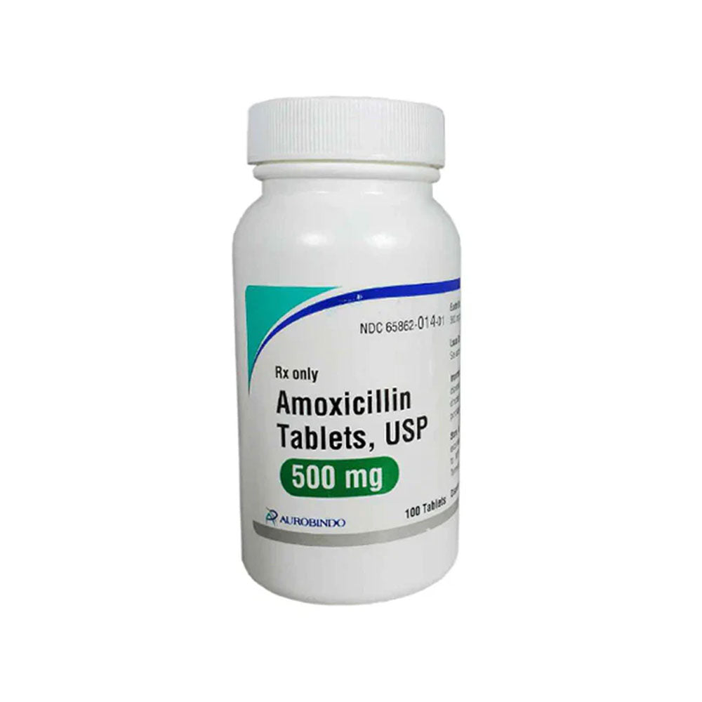 A white plastic bottle labeled Amoxicillin, 500 mg Capsule by MedPharma USA features a green and white design. Marked Rx only, it contains 100 capsules designed for the treatment of bacterial infections with its broad-spectrum antibiotic properties.