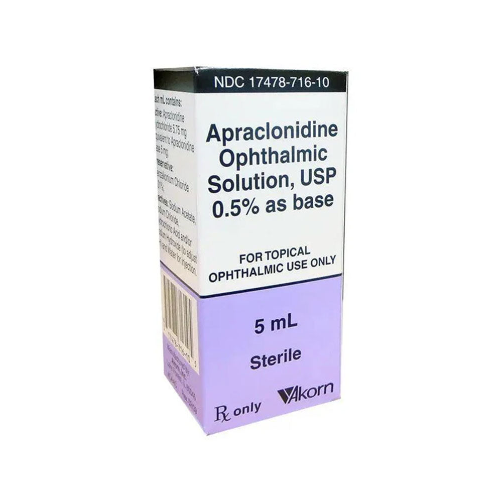 Apraclonidine 0.5% (Iopidine) by MedPharma USA, 5ml, sterile, is ideal for ocular hypertension or glaucoma. The box is purple and white with black text stating For topical ophthalmic use only and Rx only, featuring the brand logo at the bottom.