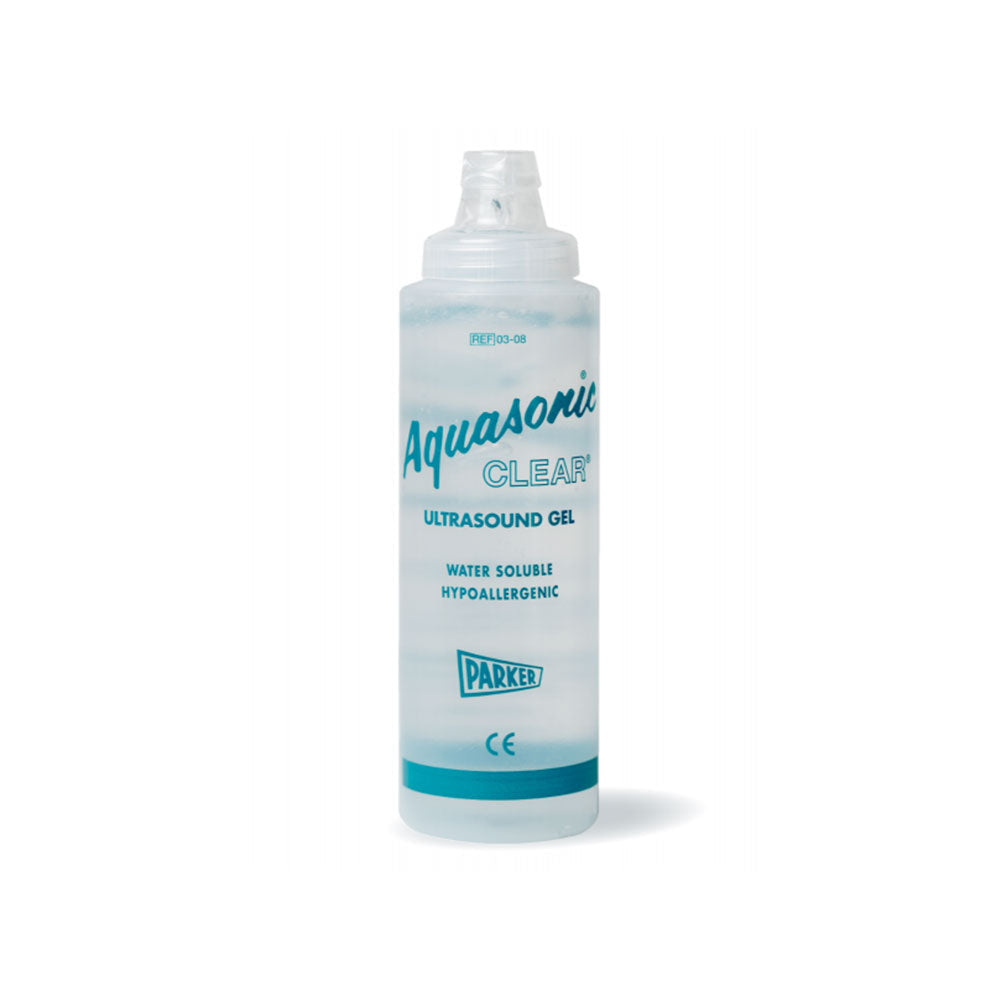 A case of 12 Aquasonic Ultrasound Gel bottles by MedPharma USA features clear plastic containers with nozzle caps, ideal for diagnostic and therapeutic ultrasound. The label notes the gel is water-soluble and hypoallergenic, offered partially filled with a clear gel.